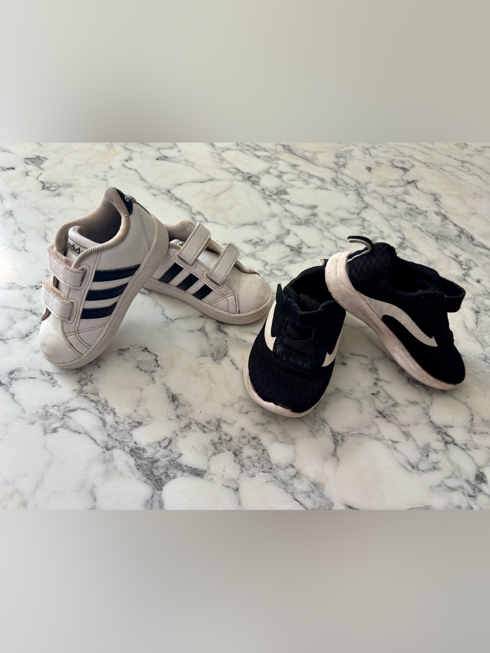 Kids White Sneakers with Navy Stripes & Black Athletic Shoes - Nike
